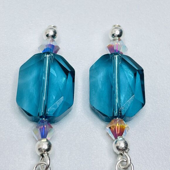 925 Sterling Artisan Made With Swarovski Blue Ab White Beaded Crystal Earrings - Picture 4 of 5